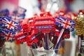 Selective focus, souvenir pencils decorated with double decker bus Royalty Free Stock Photo