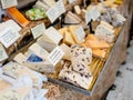 Close up of artisan and speciality cheeses for sale at a UK Christmas market