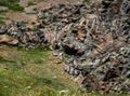 Spirits of the mountains. Natural scary stone Ram`s Head profile. Stone idols, mystical spirits of the mountains locked in stone.