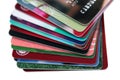 Selective focus, Stack of credit card and debit card on white background.financial background concept. isolated