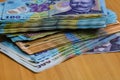 Selective focus on stack of LEI romanian money. Lei banknotes isolated