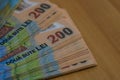 Selective focus on stack of LEI romanian money. Lei banknotes isolated Royalty Free Stock Photo