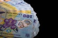 Selective focus on stack of LEI romanian money. Lei banknotes isolated Royalty Free Stock Photo