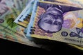 Selective focus on stack of LEI romanian money. Lei banknotes isolated Royalty Free Stock Photo