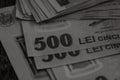 Selective focus on stack of LEI romanian money. Lei banknotes isolated Royalty Free Stock Photo