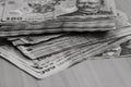 Selective focus on stack of LEI romanian money. Lei banknotes isolated Royalty Free Stock Photo