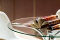 Selective focus of the stacking magazine place on table in living room Royalty Free Stock Photo