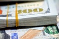 Selective focus of stacks of American money banknote background, A close up of 100 $ One hundred American dollars bill collected Royalty Free Stock Photo