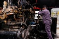 Selective focus on steam engine elements or parts in steam train cabin Royalty Free Stock Photo