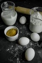 Selective focus, still life, low key, recipe. Ingredients for baking Royalty Free Stock Photo