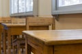 Selective focus on table, Wooden talble and chair in Thailand traditional classroom by nobody in class. Educational concept Royalty Free Stock Photo