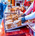 Close focus on tasty cakes and pastries for sale at a Christmas market in Maastricht