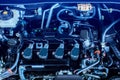 Selective focus to hybrid automotive industry part of modern new car engine room, Machine show all parts and open hood. Engine and