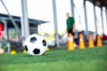 Selective focus to soccer ball on green artificial turf with blurry soccer team is training Royalty Free Stock Photo