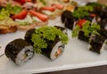 Selective focus. Top view of assorted sushi, all you can eat menu.