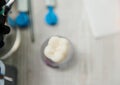 Top view ceramic model of enlarged human molar tooth on the dentist's worktop. Dental prosthesis installation