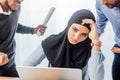 Selective focus of upset muslim businesswoman