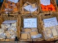 Close up of artisan and speciality cheese for sale at a UK Christmas market