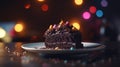 Selective focus view of delicious chocolate cake with colorful sprinkles on top.