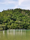 Green hill with sea water and concrete pillar during sunny day. Royalty Free Stock Photo