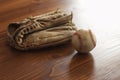 Selective focus vintage baseball and mitt on pine wood background Royalty Free Stock Photo