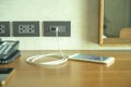 Selective focus on wall electrical outlet with charger of mobile phone