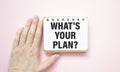 Selective focus.What`s your plan in white word with pen,glasses,paper clips,notebook and calculator with white background.