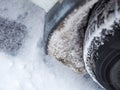 Selective focus. The wheel arch of the car is clogged with ice and snow