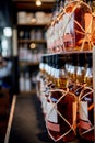 selective focus of whiskey bottles placed in rows on shelves