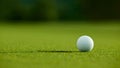 Selective focus. white golf ball near hole on green grass good f Royalty Free Stock Photo