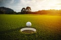 Selective focus. white golf ball near hole on green grass good f Royalty Free Stock Photo
