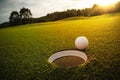 Selective focus. white golf ball near hole on green grass good f Royalty Free Stock Photo