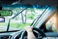 Selective focus of woman driving a car with rain droplet on wind Royalty Free Stock Photo