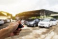 Selective focus of woman hand presses on the remote control car Royalty Free Stock Photo