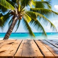 Wood table top on soft focus sea view with coconut tree background. For montage product display. Royalty Free Stock Photo