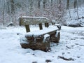 Selective focus. Wooden benches standing in the forest covered with fresh white snow. A real winter in the forest.