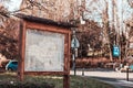 Selective focus of a wooden board showing a city map with blurred deciduous trees in the background