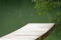 Selective focus on wooden bridge with blurred branches of tree and lake in background Royalty Free Stock Photo
