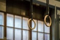 Selective focus of wooden gymnastic rings in front of a large window