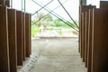 Selective focus on wooden laminated board at the factory waiting for installation