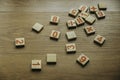 Selective focus of wooden numbers and four basic operations of elementary arithmetic Royalty Free Stock Photo