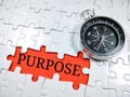 Selective focus.Word PURPOSE with compass on jigsaw puzzle.Business concept