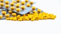 Selective focus on yellow tablets pills on blurred background of blister pack of round yellow pills. Diclofenac medicine Royalty Free Stock Photo