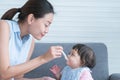 Selective focus on young mother hand is holding spoon feeding Caucasian Cute 7 month newborn baby girl, child eating blend mashed Royalty Free Stock Photo