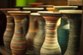Selective focused closeup multicolored colorful traditional clay sculpture spiral flower vases on the wooden shelf