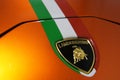 Selective focused on Lamborghini luxury commercial car brand emblem and logos.