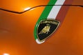 Selective focused on Lamborghini luxury commercial car brand emblem and logos.