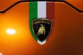 Selective focused on Lamborghini luxury commercial car brand emblem and logos.