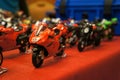 Selective focused on MotoGP`s miniature scale motorcycle models.