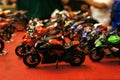 Selective focused on MotoGP`s miniature scale motorcycle models.